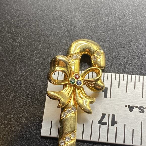 Vintage Merksamer Rhinestone Candy Cane Brooch Christmas Bow Gold Tone - Picture 6 of 7